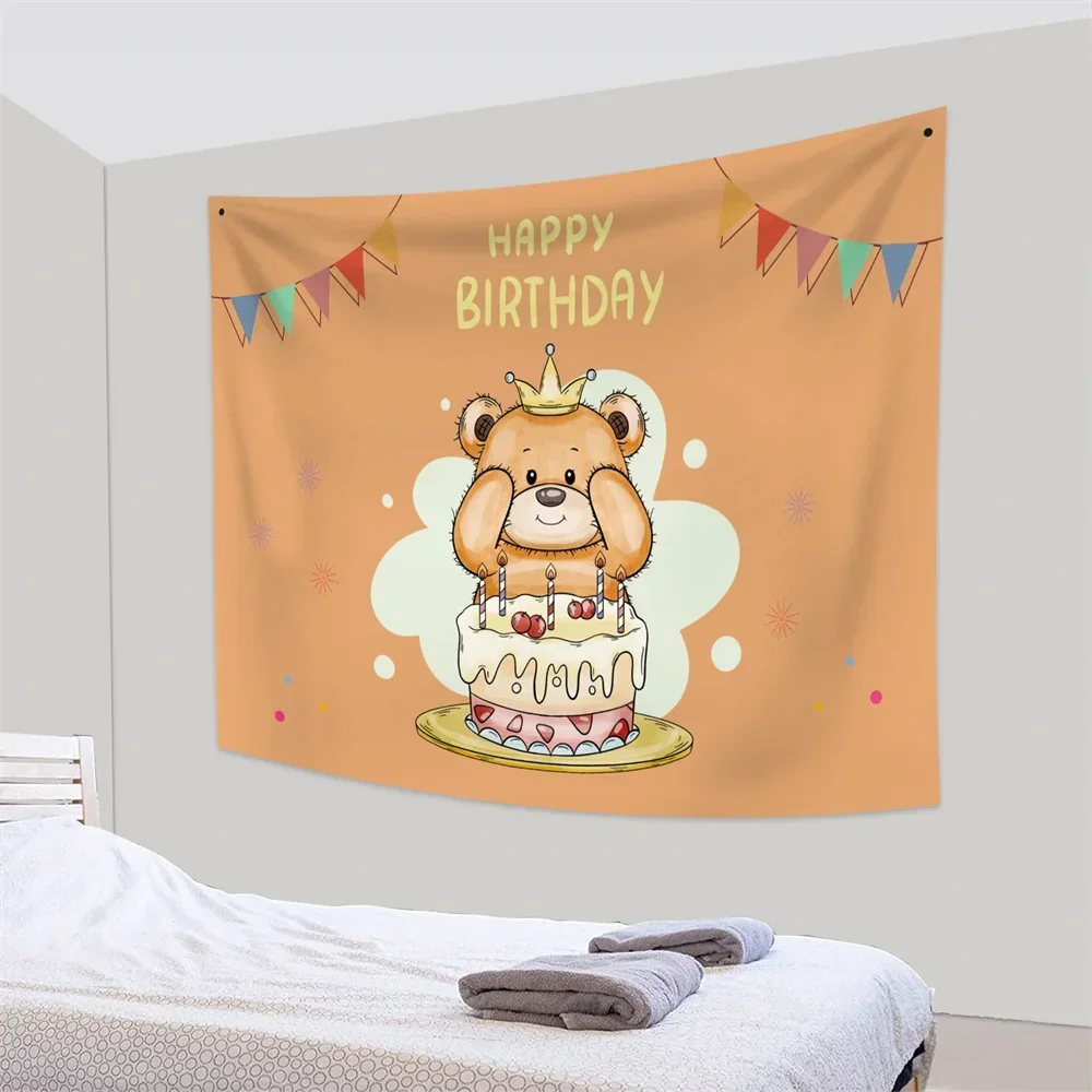 Birthday Background Tapestry Wall Hanging White Letters Cartoon Bear Tapestries Kids Room Decor Party Decoration