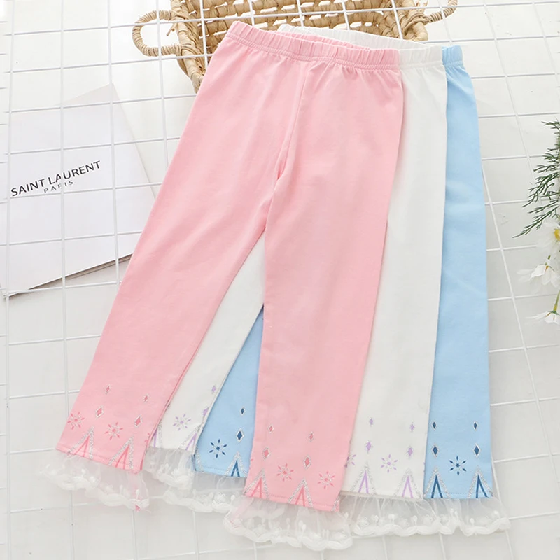 2025 New Disney Quality Cotton Girl Pants  for Children Frozen Anna Elsa Autumn Baby Girl Pink Blue Trouser Kids Leggings 2-8Y