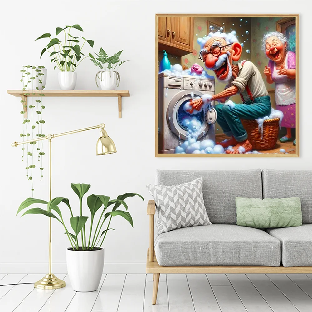 Momoart Full Square Round Diamond Embroidery Couple Portrait Picture Of Rhinestones Cartoon Painting Old People Mosaic Wall Art