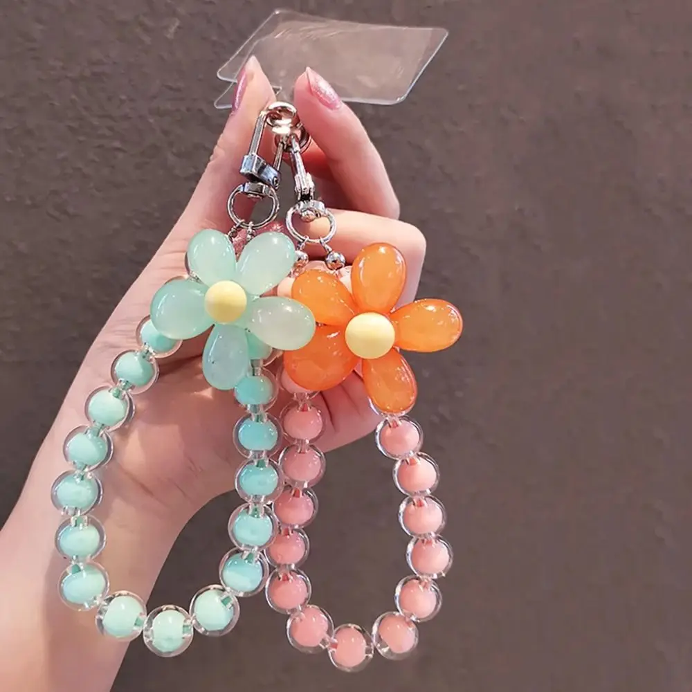 Macaron Color Cell Phone Charm Lanyard Flower Beaded Wrist Strap Mobile Phone Case Pendant Hand-held Anti-lost Car Keychain