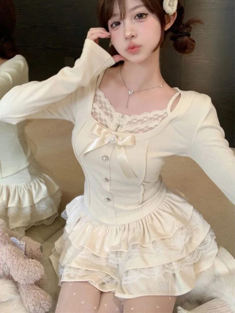 Japanese Kawaii Y2k 2 Piece Set Women Lace Sexy Elegant Retro Skirt Suit Female Autumn Winter Chic Tops + Cake Mini Skirt 2024