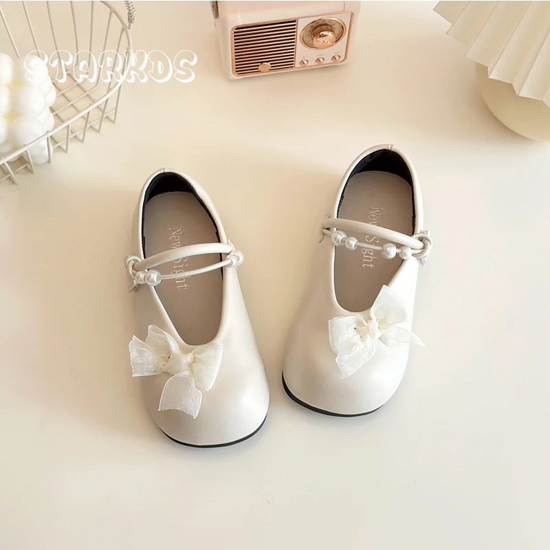 Side Lace Bowknot Ballet Flats Kids Girls Elegant Pearl Beads String Mary Jane Shoes Child Black White Wedding Party Shoes