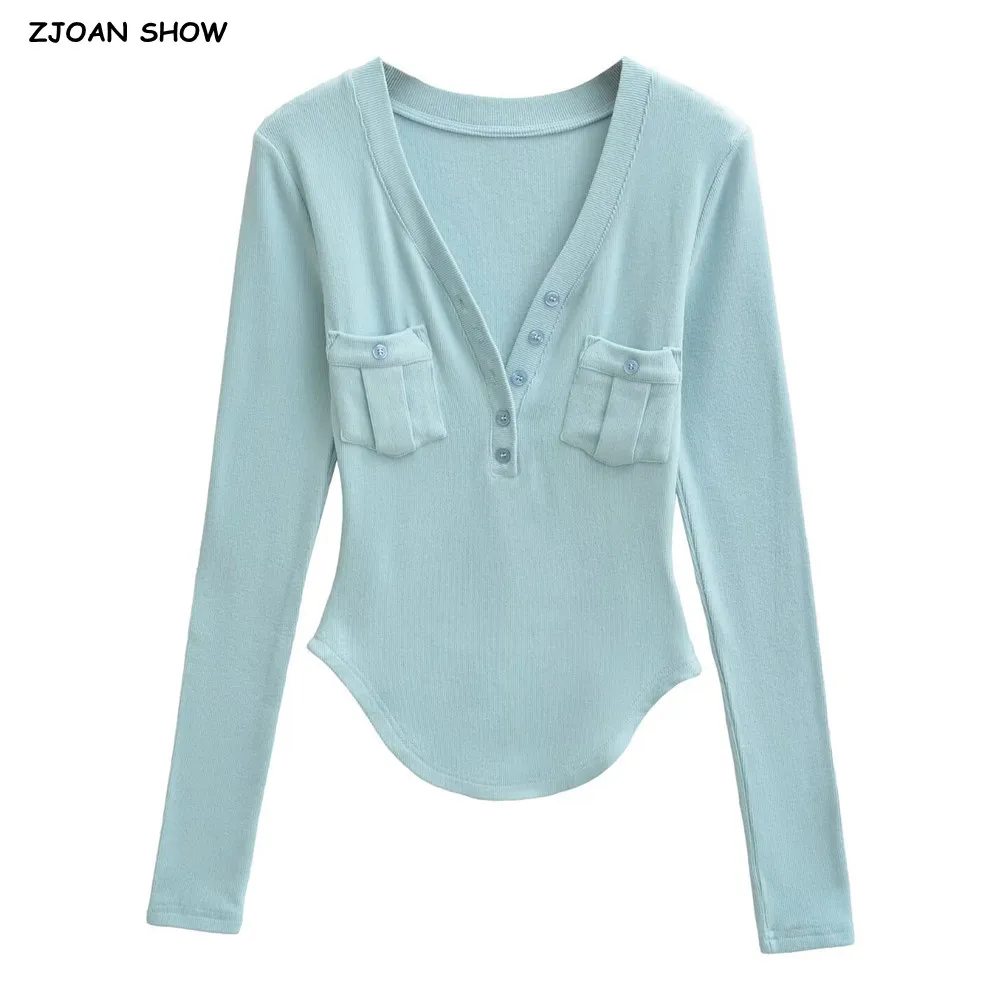 7 colors Spring Autumn Covered Buttons V neck Long Sleeve T-shirts Fashion Women 2 pockets Slim Tee Solid Color Base T shirts