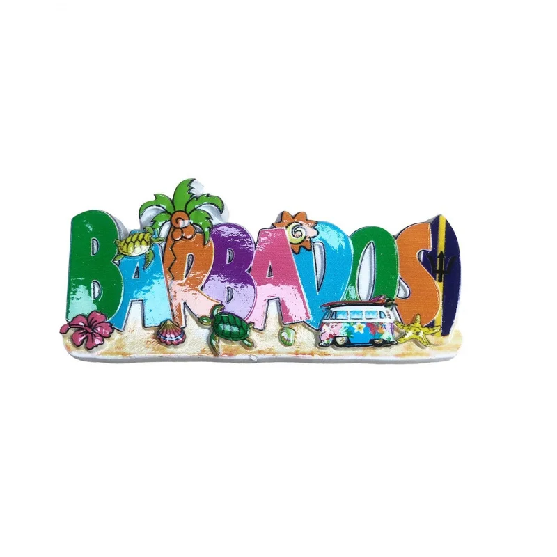 Barbados Colorful Landmark Refrigerator Magnets with Letter Designs, Integrating Sea, Surfboards, and Island Travel Souv