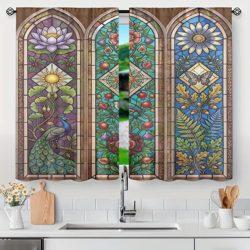 Decorative Stained Glass Curtain Panels Window Dressing Floral Cottage Style Light Filtering Translucent Window Curtains Art Gla