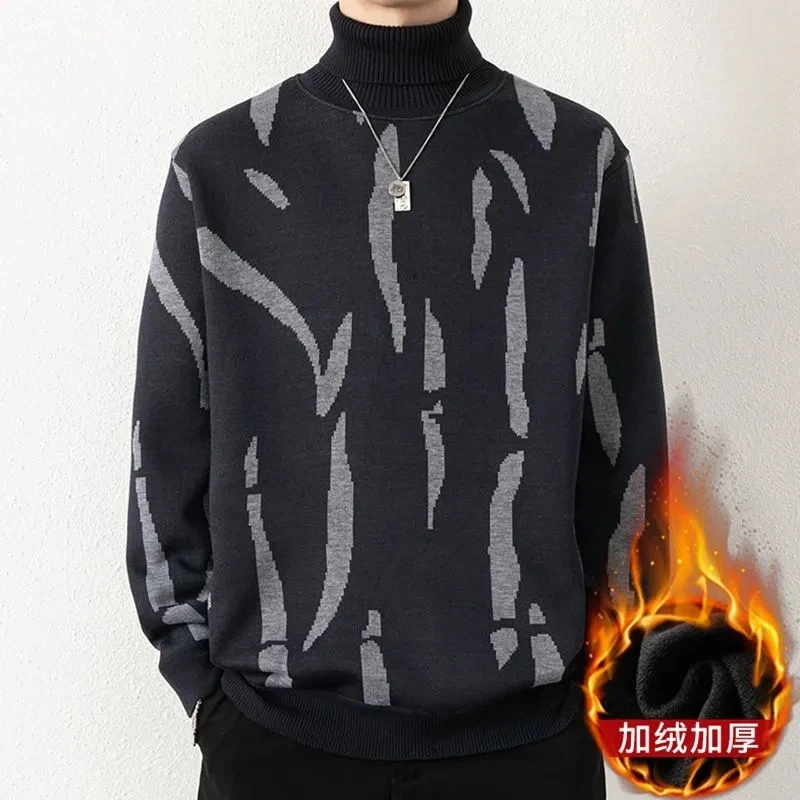 

Turtleneck Sweater Men's Autumn and Winter Velvet Thickened Warm Knitted Sweater Korean Style Contrast Color Pullover