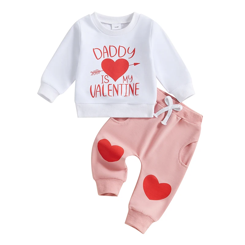 Toddler Girl Valentine's Day Outfits Letter Heart Print Long Sleeve Tops with Elastic Waist Long Pants Set