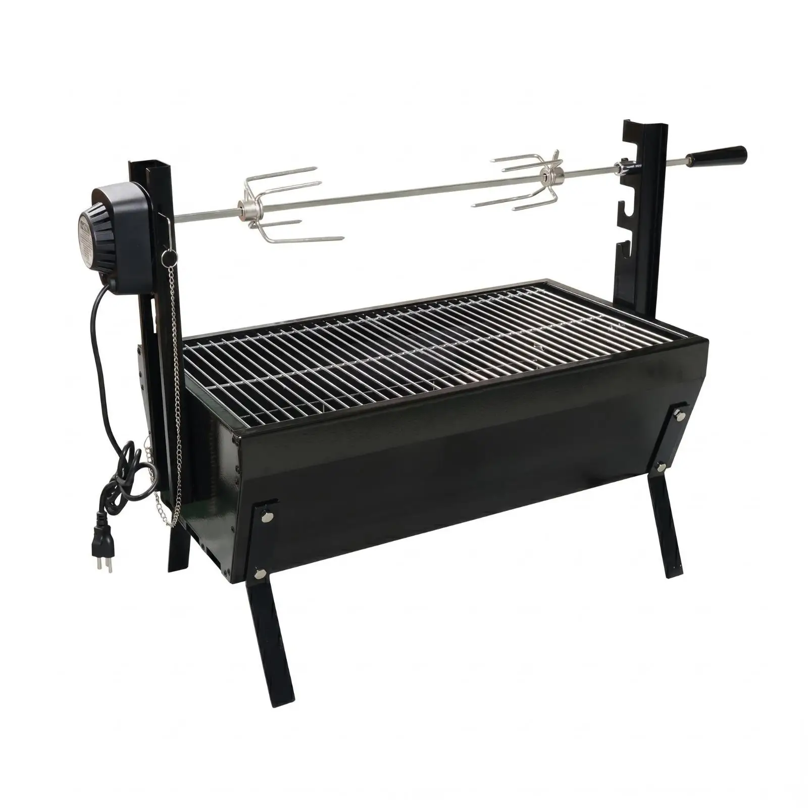 Outdoor Rotisserie Grill Charcoal Powered with Side Support Posts and Top Grate for Roasting Grilling Meat Outdoors