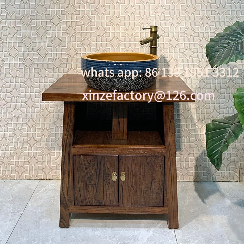 Lavandino antico personalizzabile, bagno dal pavimento al soffitto, combinazione di mobili da bagno per piccoli appartamenti in legno massello retrò