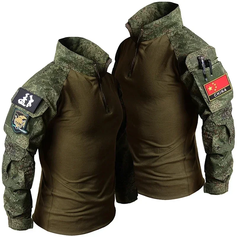 RU Camo Tactical Sets Men Outdoor Breathable Long Sleeve T Shirts+Multi-pocket Straight Cargo Pant 2Pcs Suit Training Combat Set