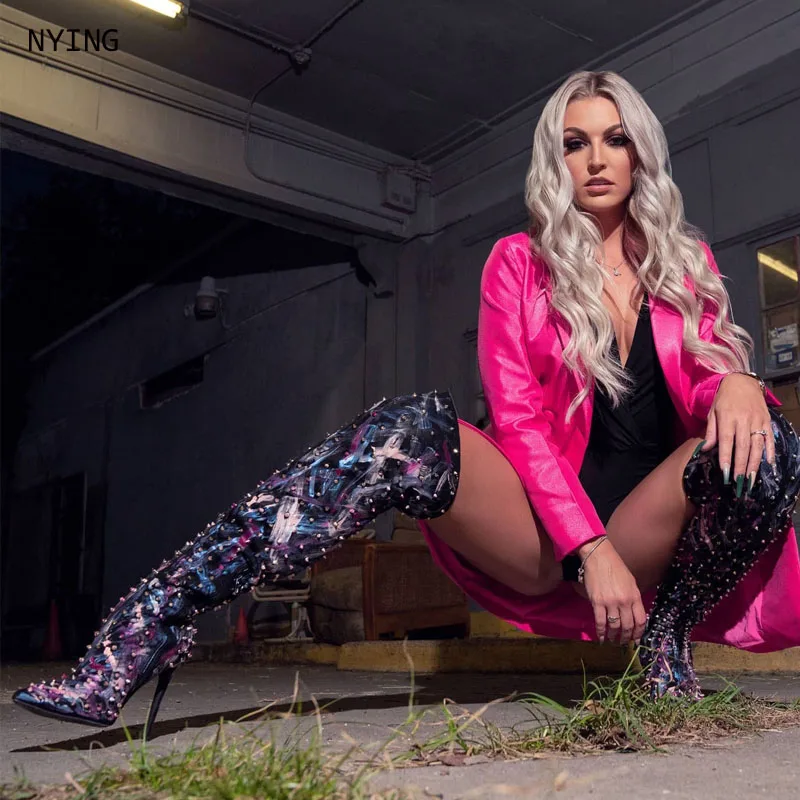 

2025 Diamond Suede Boots Sexy Pointed Toe Thin High Heel Zipper Knee High Winter Fashion Women Boots Crystal Boots 44