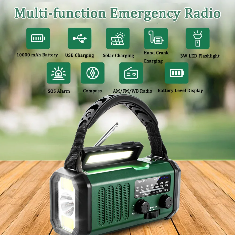 10000mAh Portable Radio Emergency Radio Solar Hand Crank Radio Dynamo AM/FM/NOAA Flashlight SOS Alarm Power Bank Dropshipping