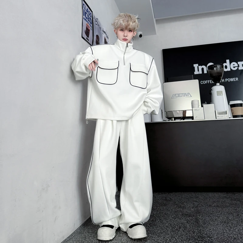 

Мужской повседневный комплект из худи и брюк на осень 2025: американский уличный спортивный стиль, воротник-стойка, цветные блоки, длинный рукав, для отдыха