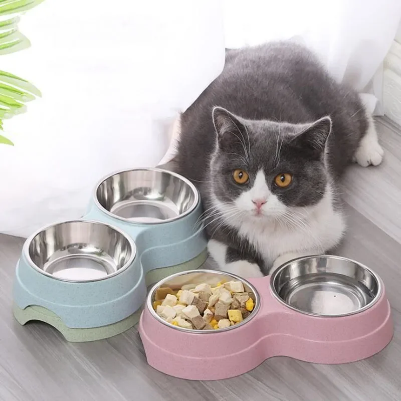 Double Pet Bowls Dog Food Water Feeder Stainless Steel Pet Drinking Dish Feeder Cat Puppy Feeding Supplies Small Dog Accessories