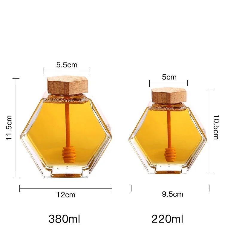 Hexagonal Glass Honey Bottle Wooden Stirring Rod Honey Packaging Bottle 220ML/380ML Small Honey Bottle Container Honey Jar