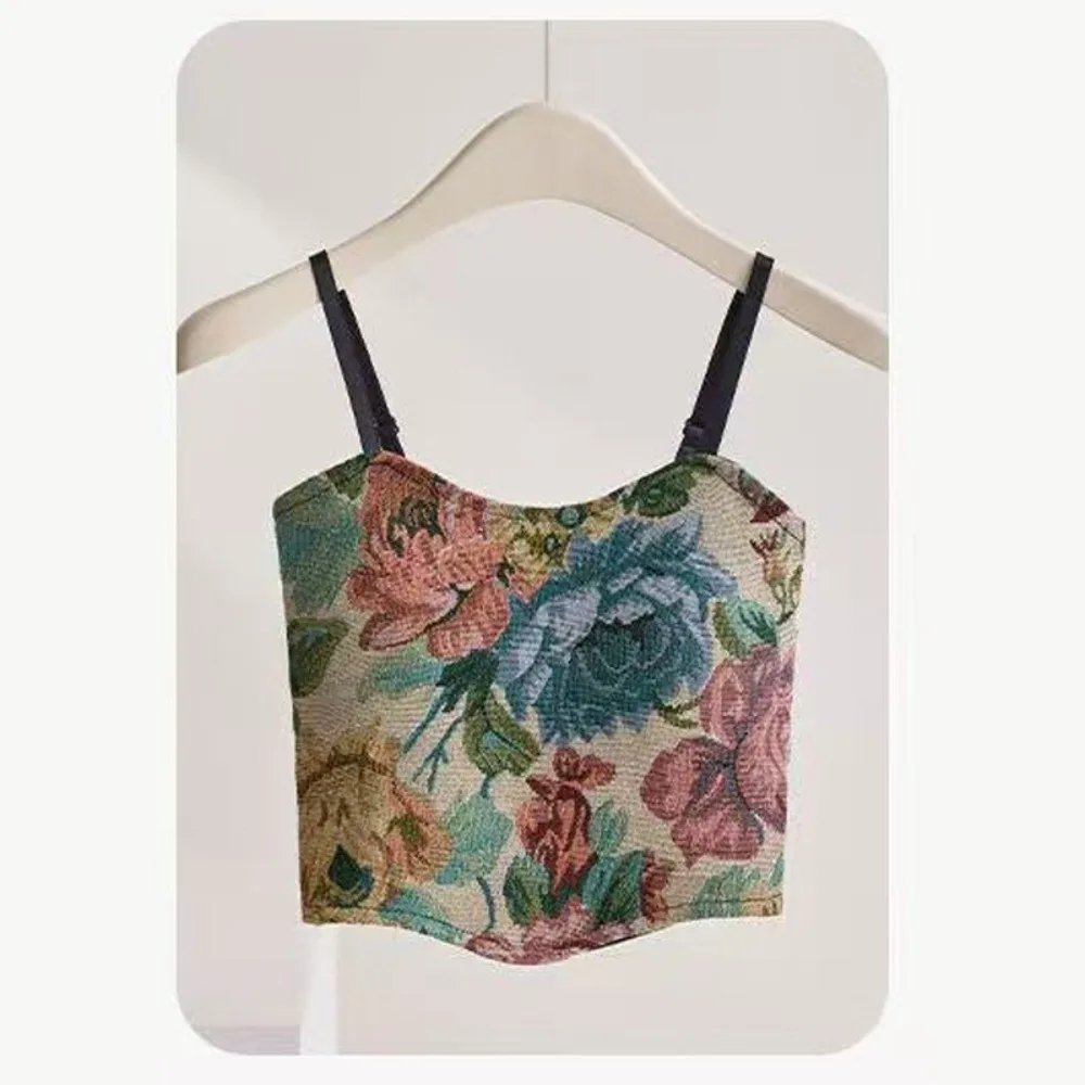 Elegant Retro One-Piece Thin Vest Sleeveless with Chest Pad Short Top Floral Embroidery Camisoles Summer