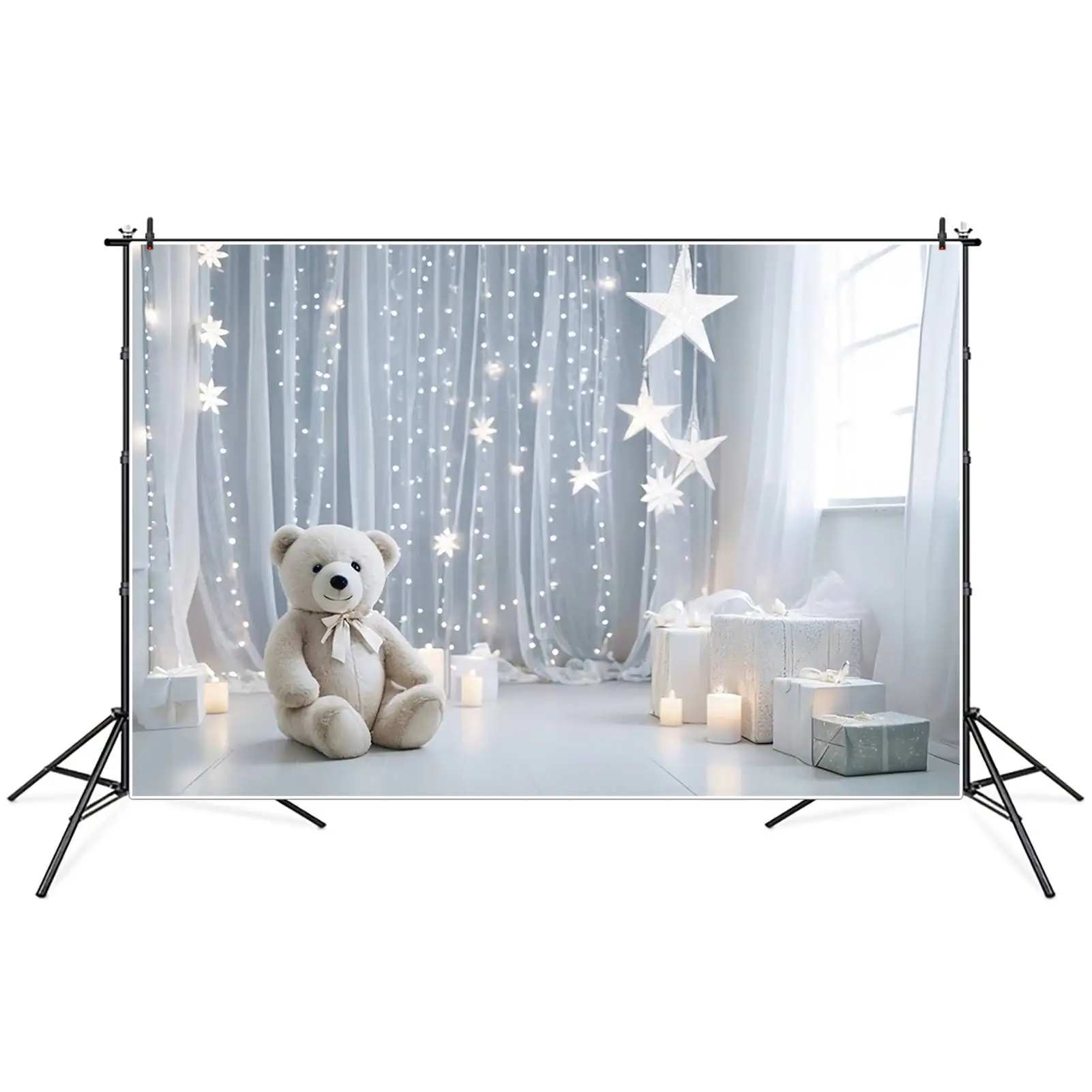 Moon.qg สีฟ้าสีขาวผ้าม่านวันเกิด1ปีพื้นหลังเด็กผู้ชายหมีเท็ดดี้ draping ผ้าบอลลูนฉากหลังปาร์ตี้ที่กำหนดรูปถ่ายอุปกรณ์ประกอบฉาก