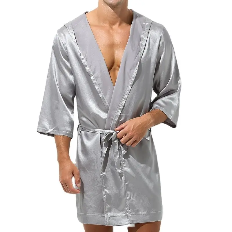 Mens Robe Sets Loungewear Open Front Hooded Night-robe Satin Sleepwear Belted Kimono Half Sleeve Bathrobe Nightwear Pyjama