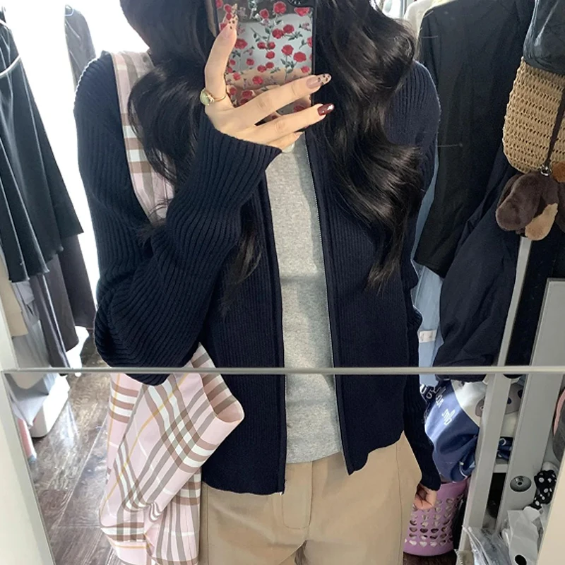 الرجعية الأمريكية حار فتاة Sle ort Sve محبوك سترة مفتوحة المرأة أوائل الخريف بسيطة Aosphere سستة سترة صغيرة