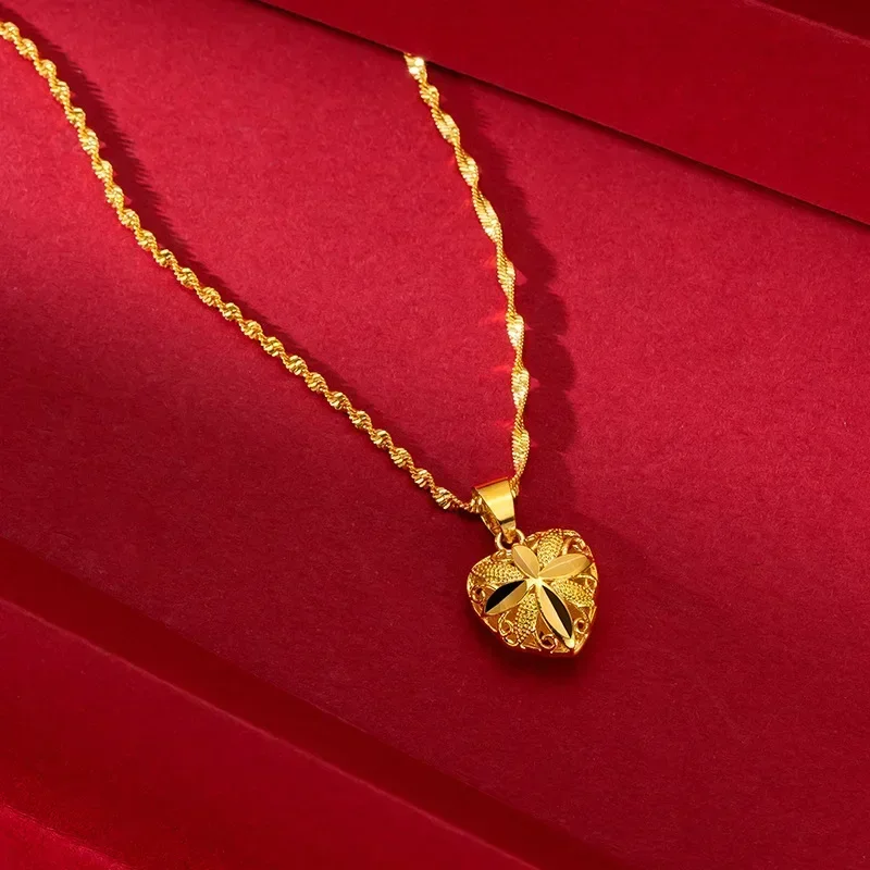 

9999 Real Gold 24K Gold Love Gold Necklace Wedding Ethnic Style Peach Heart Water Wave Necklace Women