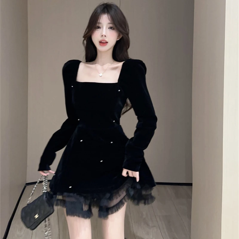 French Elegant Diamond Studded Velvet Black Dress Women High Waist Cinched Puffy Dress Fall/winter 2024 New Short Party Dresses