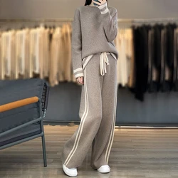 New autumn and winter 100% pure wool knitting suit female O-neck pullover loose casual sweater wide-leg pants two-piece suit