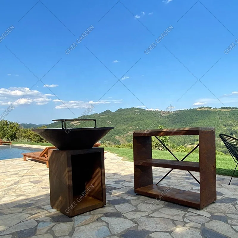 Modern Outdoor Corten Steel Multifunctional BBQ Grill with Fire Pit Charcoal Trolley
