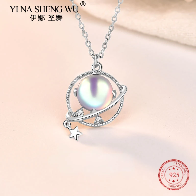 Real S925 Sterling Silver Dream Planet Female Necklace Moonstone Ins Style Personality Fashion Creative Design Clavicle Chain