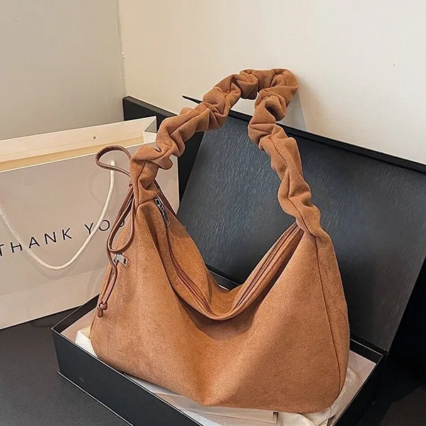 

Women's Suede Hobo Bag with Ruched Handle, Large Capacity Soft Shoulder Tote, Casual Retro Drawstring Purse for Fall