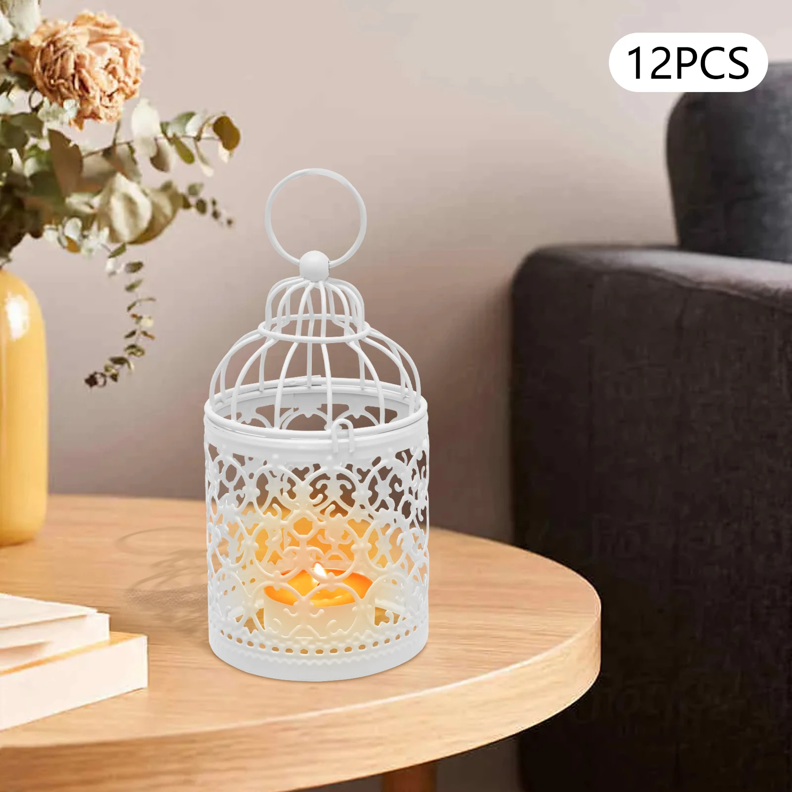 Decorative Candle Lanterns for Wedding Centerpieces, Metal Bird Cage, Hollow Out, Iron Candle Holder, Hanging, 12 Pcs