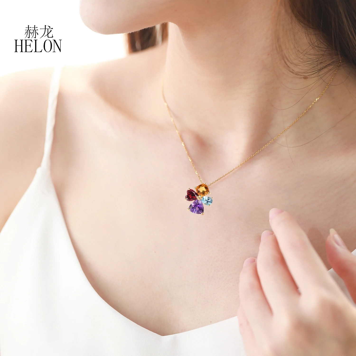 Solid 18K AU750 Yellow Gold Genuine Natural Citrine Garnet Sky Topaz blue Amethyst Pendant Necklace For Women Fine Jewelry image 5