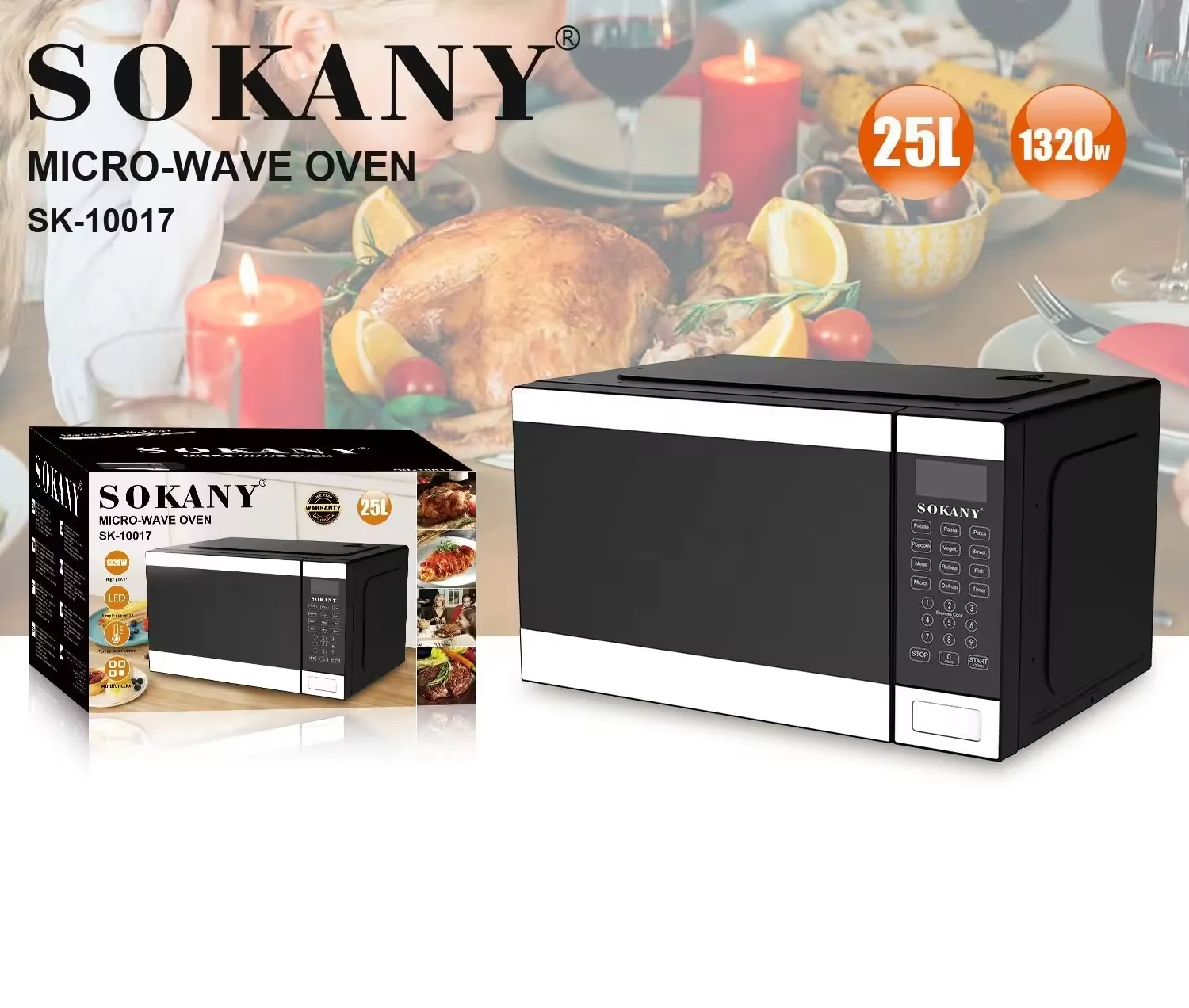 Sokany-Four à micro-ondes 10017, 25 L, blanc, appareils ménagers personnalisés, 1320W, four à micro-ondes numérique avec gril