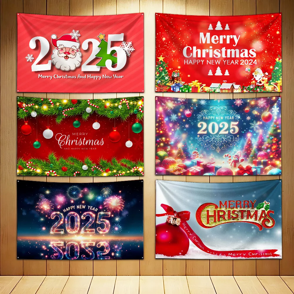 2025 Merry Christmas Happy New Year Flag Polyester Digital Printing Banner for Wall Art Out Door Decoration With Brass Grommets