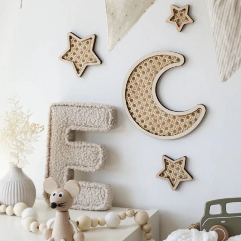 INS Rattan Woven Wall Ornaments Wooden Rattan Rainbow Hot Air Balloon Moon Star Wall Stickers For Kids Room Wall Decoration