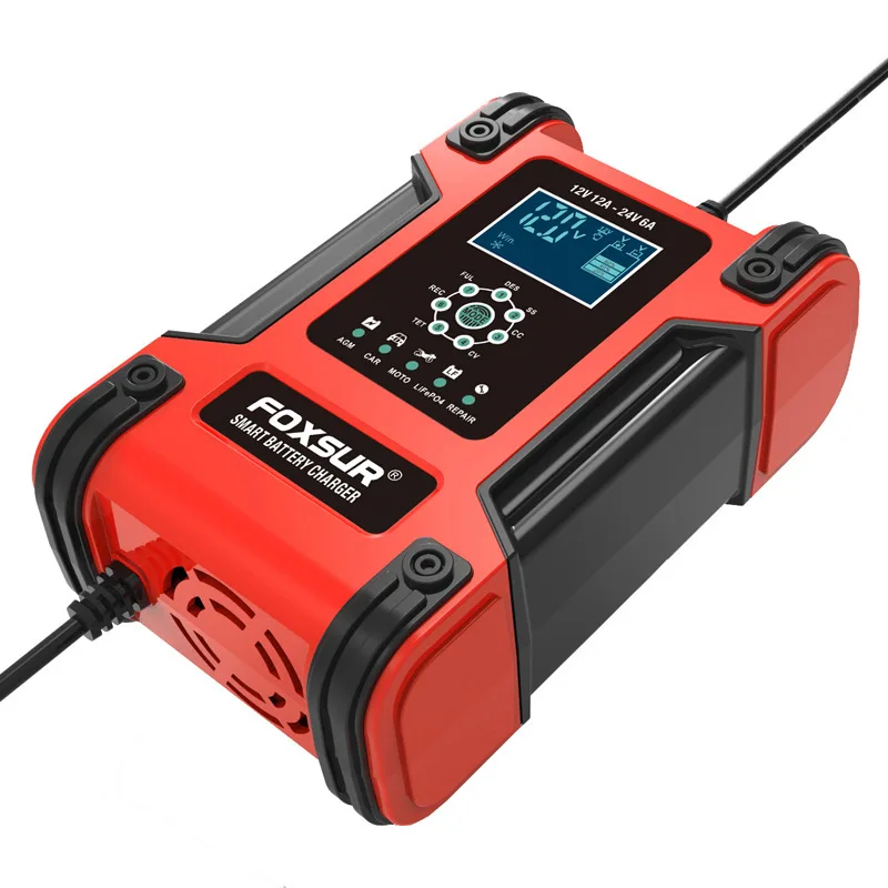 Foxsur Motorcycle Car Truck Battery Charger 12V 24V 12A Automatic AGM LFP Lithium Repair Pulse Charger for Lead Acid Wet Dry