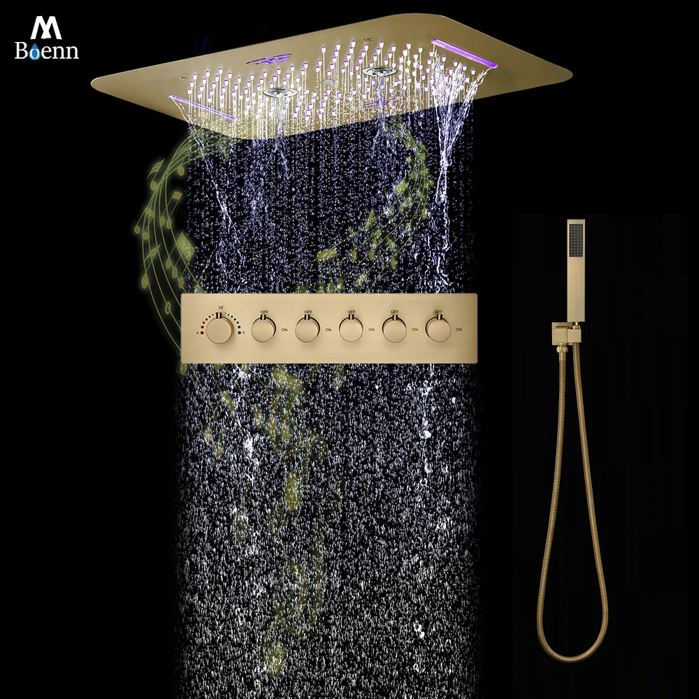 M Boenn Brushed Gold Shower System Set Concealed Bathroom Faucet Thermostat Diverter Ceiling Waterfall Shower Head High Pressure