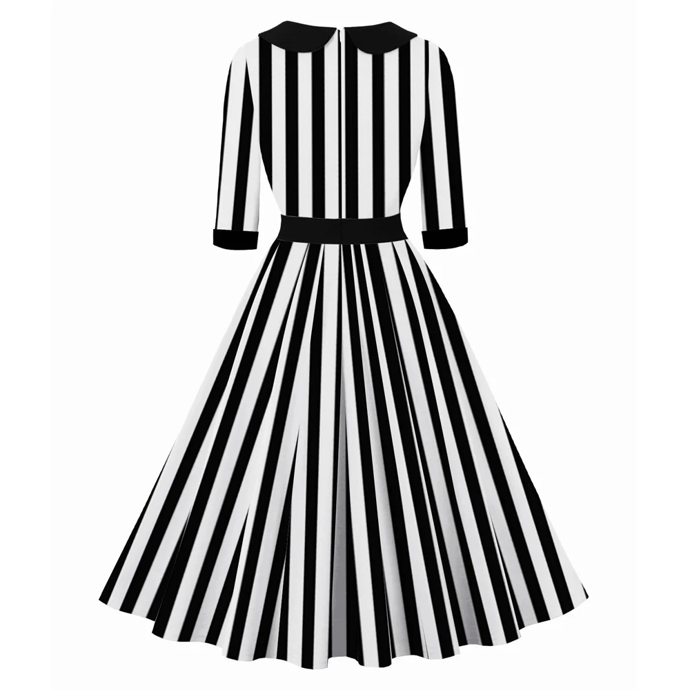 LSYCDS Striped Print Vintage Long Dresses Women Sweetheart Neck Buttons 3/4 Length Sleeve Fall Elegant A-Line Flare Retro Dress