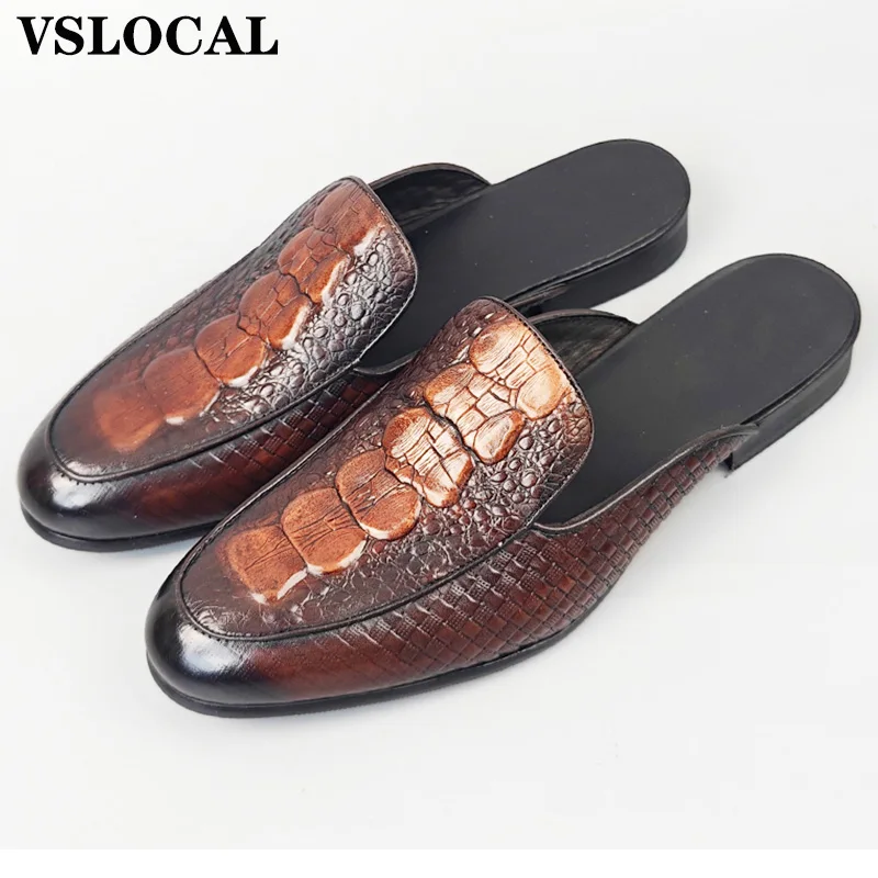 Luxury Men's Mules Half Shoes Black Brown Round Toe Croco Print Casual Dress Mens Leather Shoe Comfortable Shoes For Men