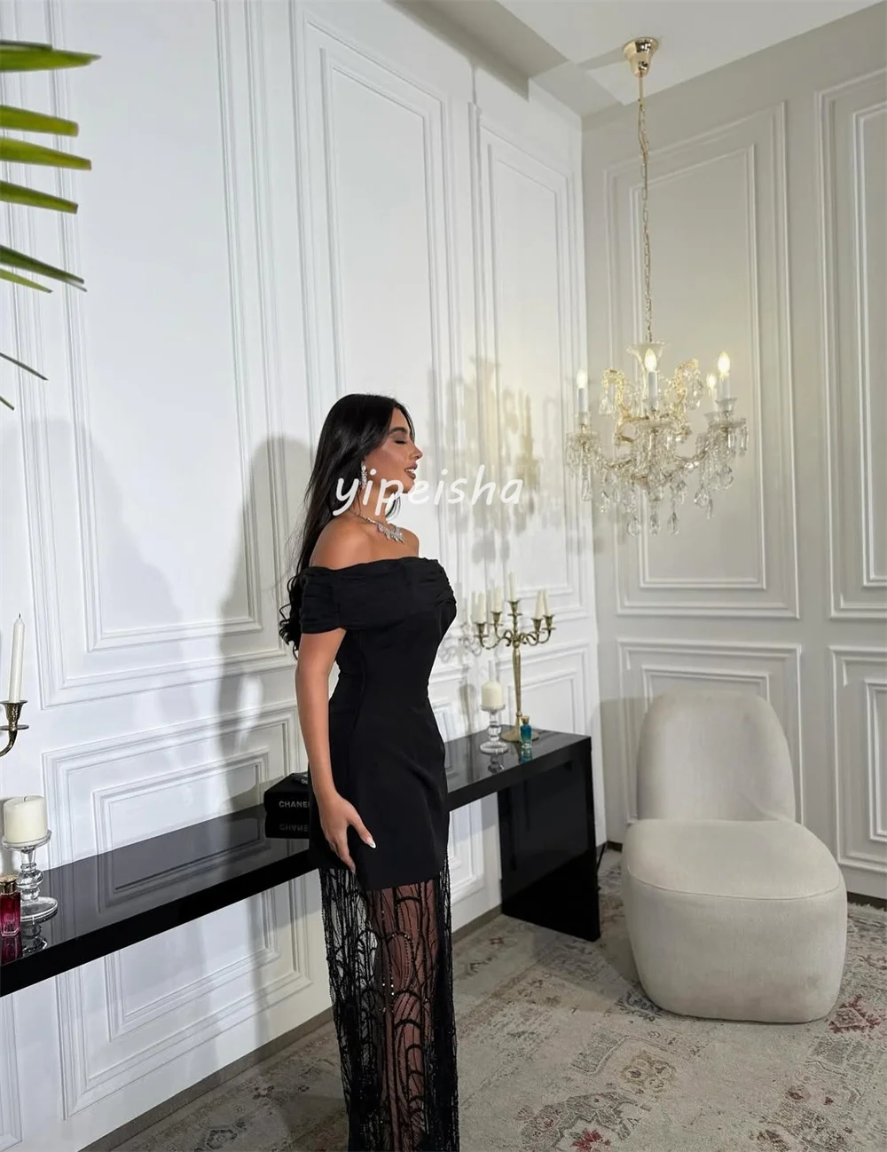 Customized Sexy Casual Jersey Pleat Ruched Beading Sequined A-line Off-the-shoulder Long Dresses Bespoke Occasion Dresses Retro
