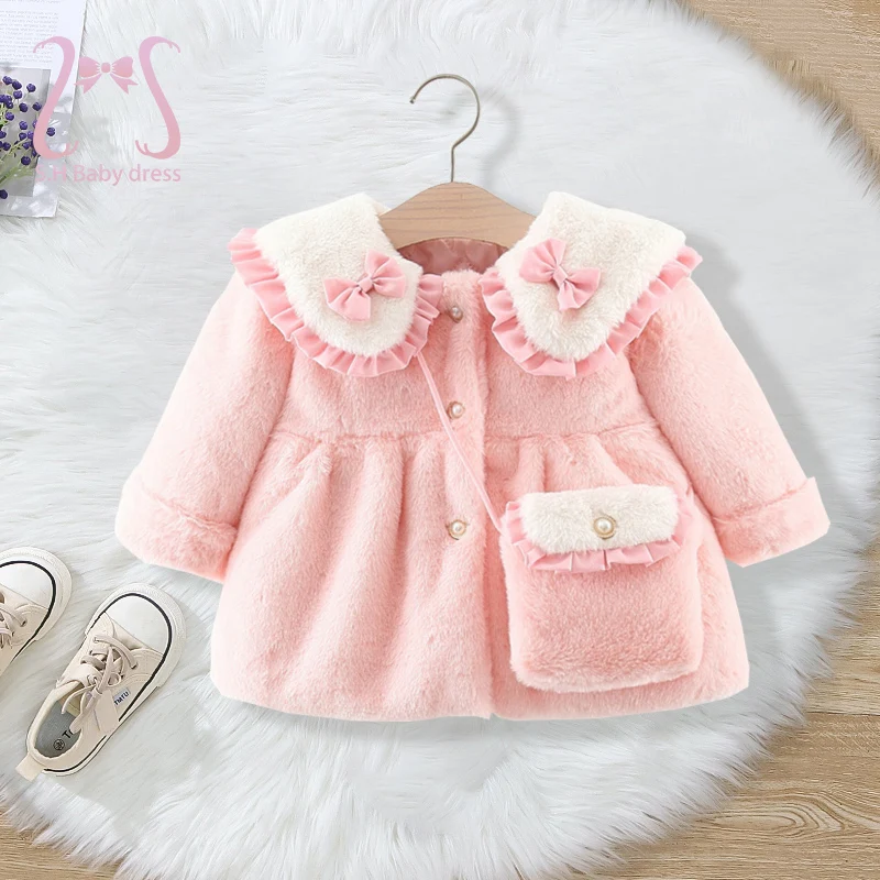 2Pcs/set Adorable Winter Children Furry Clothes Sweet Bow Soft Warm Coat 0-3 Years Old Kid Overcoat + Bag Children New Year Wear