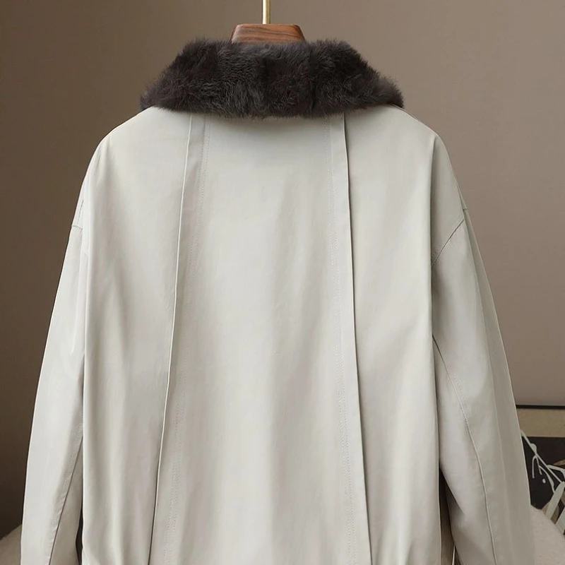 Women High-quality Real Rabbit Fur Lining Parka 2025 Autumn Winter Outdoor Coat Two-sided Wear Jacket Loose Outerwear Streetwear