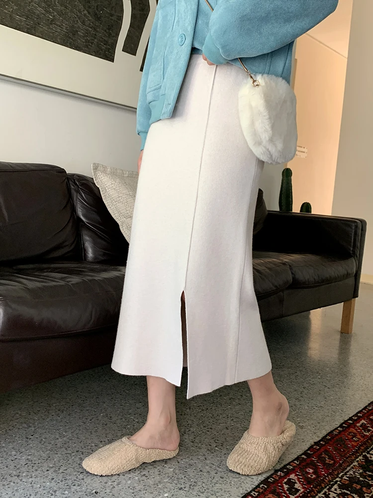 

Вязаная юбка А-силуэта женская, осенне-зимняя, новая, в корейском стиле, универсальная, с эффектом похудения, с боковым разрезом, облегающая, юбка-карандаш с запахом