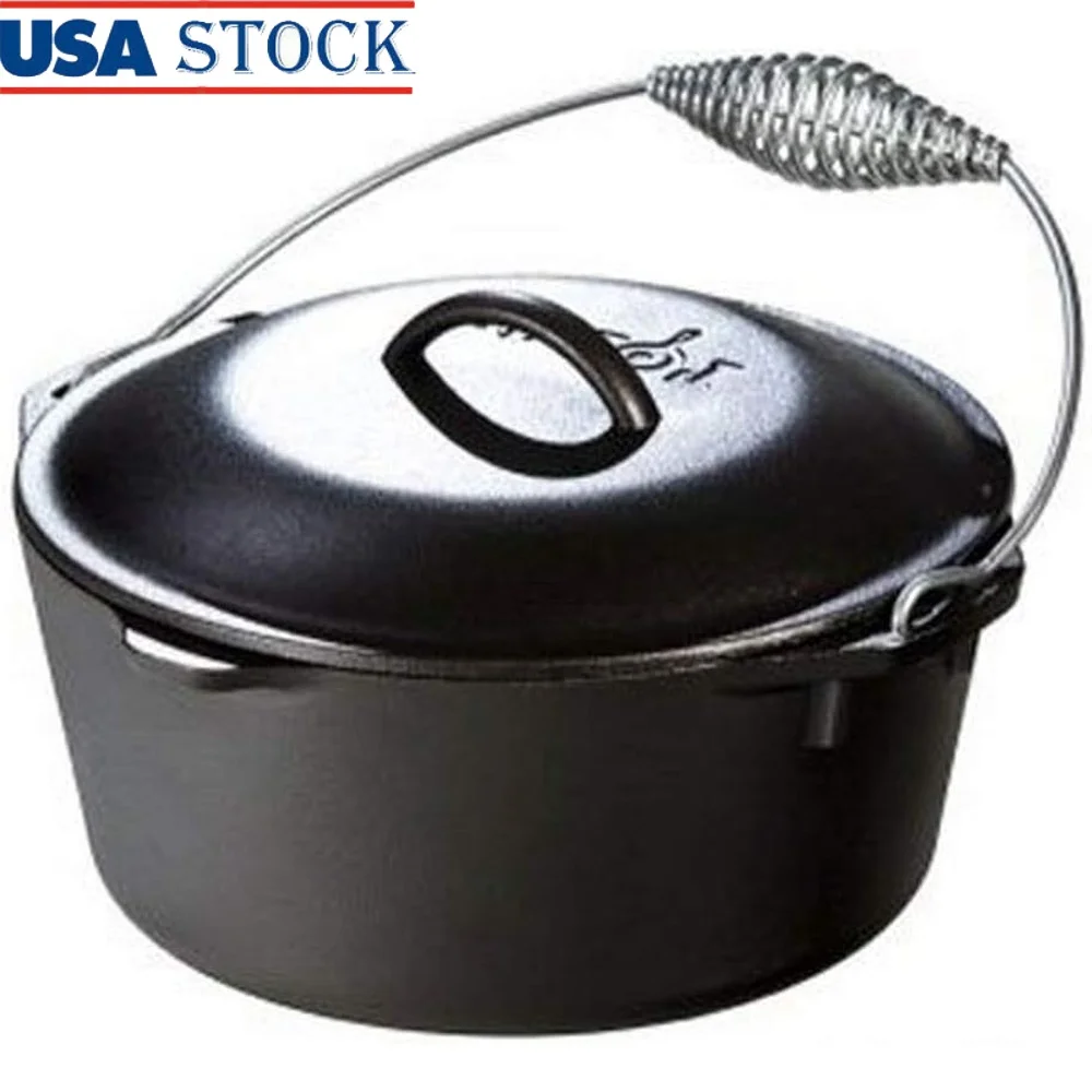 

Pre-Seasoned Cast Iron Dutch Oven with Lid Wire Bail Handle Easy Transfer Durable Cookware Oven Table Cooking Family Meals