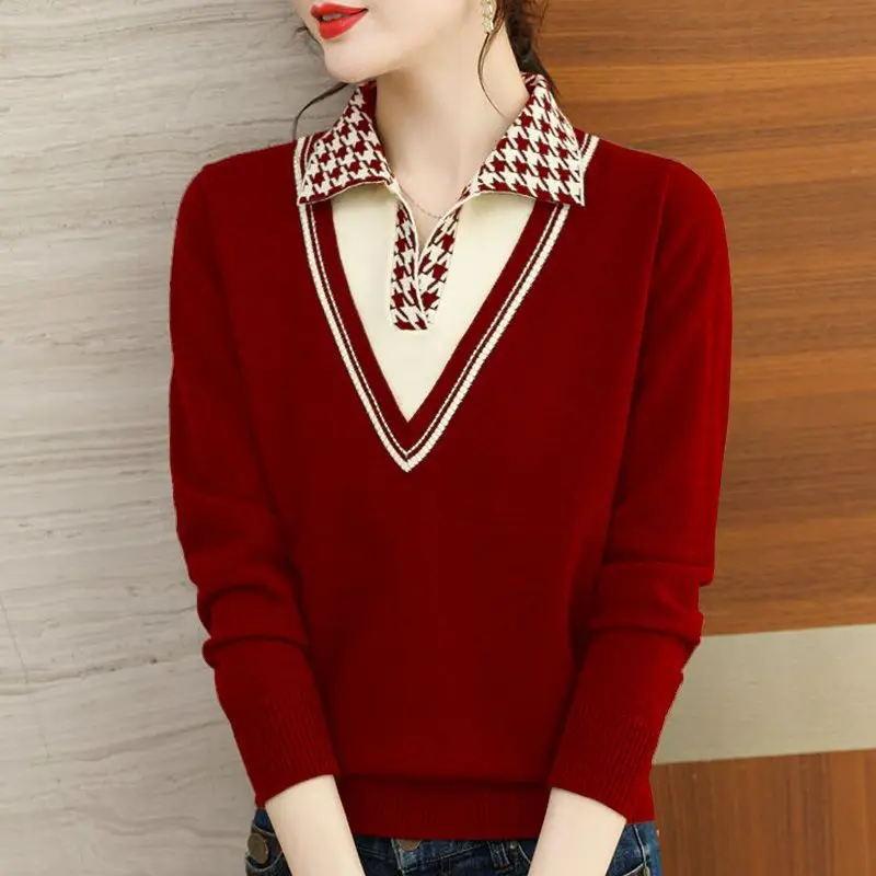 2023 New Women's Clothing Knitted Polo-Neck Long Sleeve Commuter Fake Two Pieces Casual Solid Color Tops All-match Pullovers