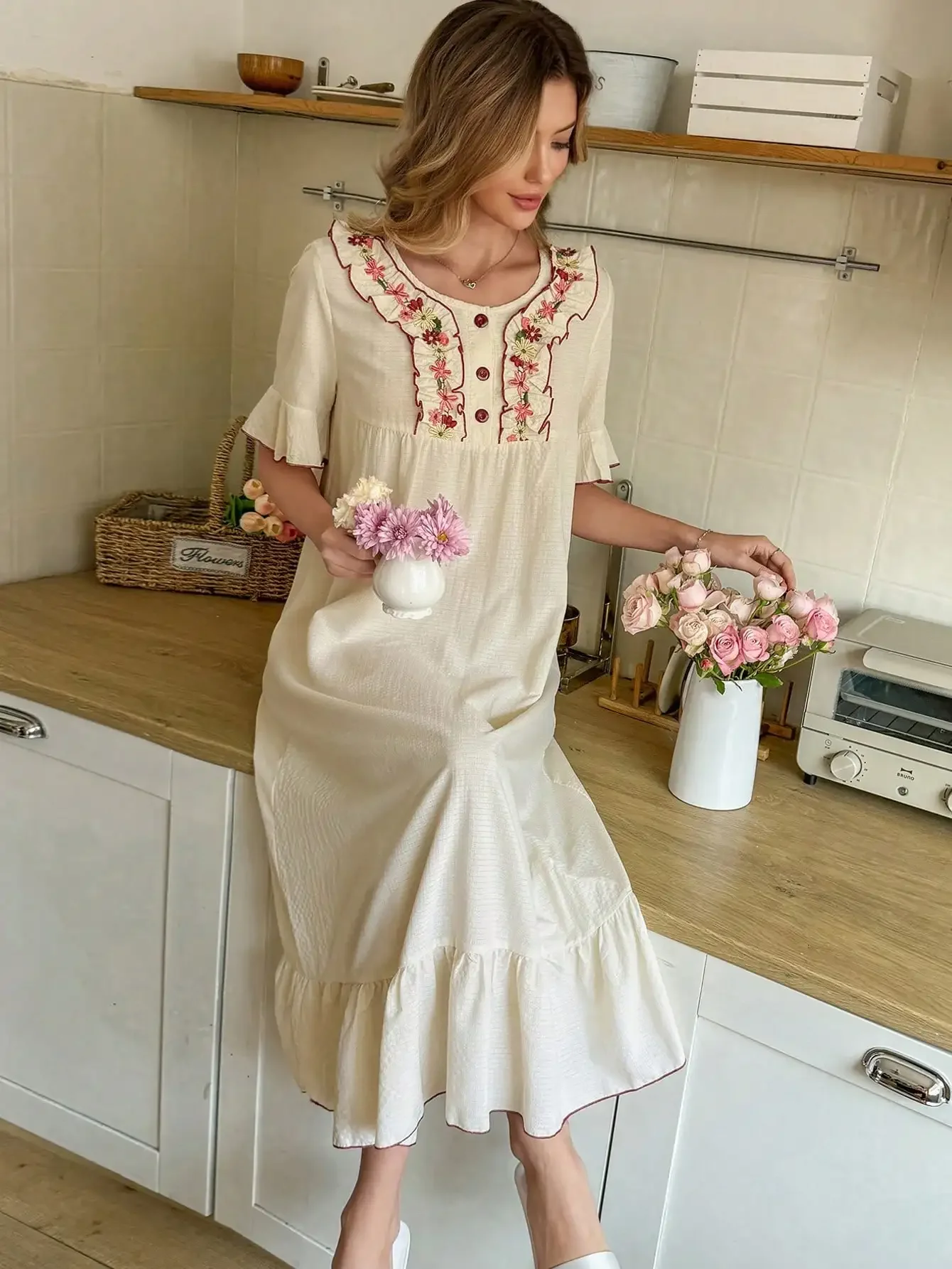 

Snug Reverie Comfortable & Fresh Women's Woven Bubble Ruffle Floral Trim Ruffle Hem Casual Nightgown Summer Night Gown Vintage N