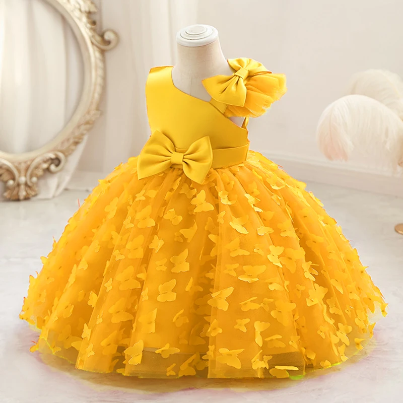 Fashion Butterfly Tulle Baby Party Girl Princess Dress Big Bow First 1st Birthday Flower Girls Tutu Dresses Baptism Evening Gown