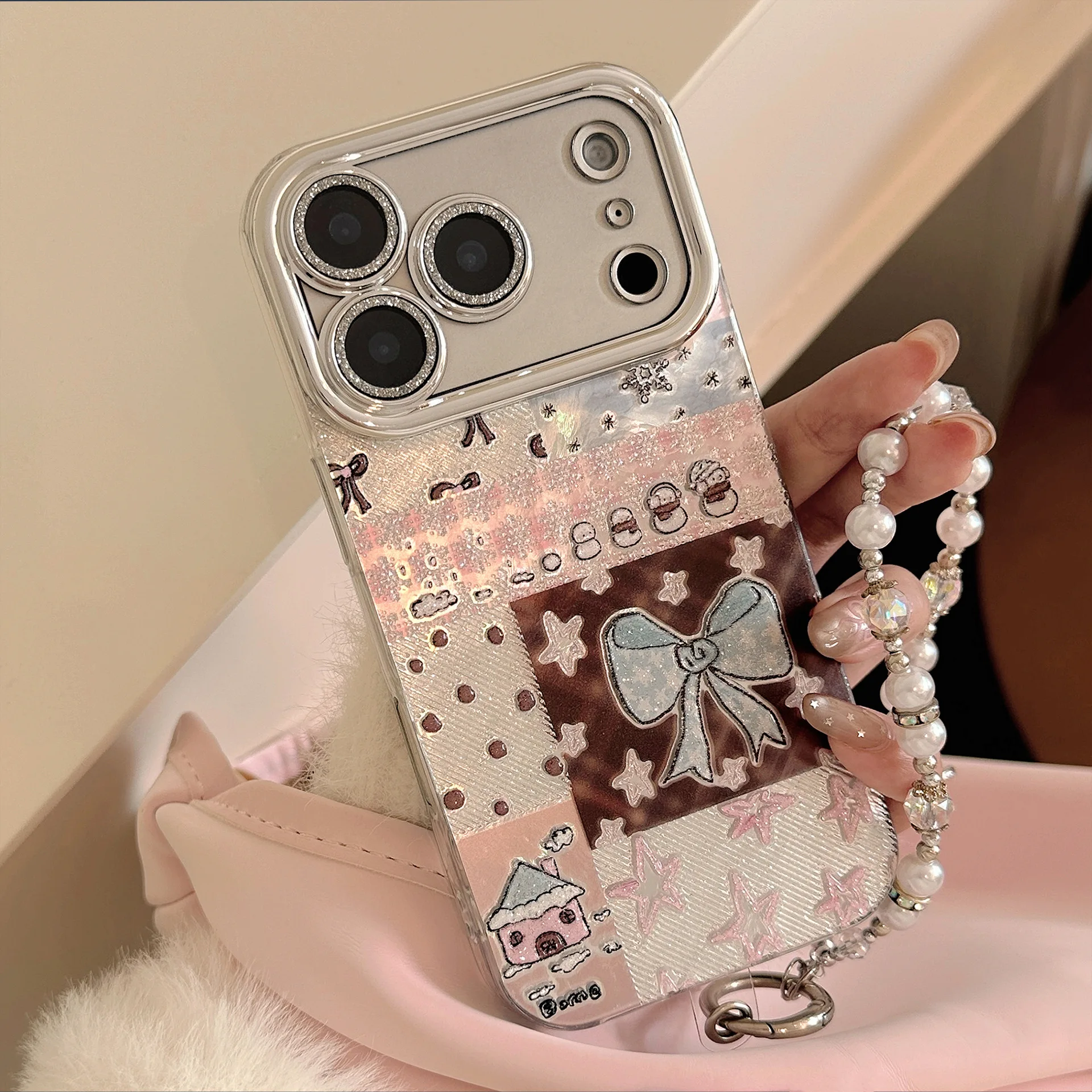 Koreanische Schleife Spleißen Handyhülle mit Kette für iPhone 17 Air 16e 15 14 13 12 11 Pro Max XS XR X Plus Glitzer stoßfeste Abdeckung