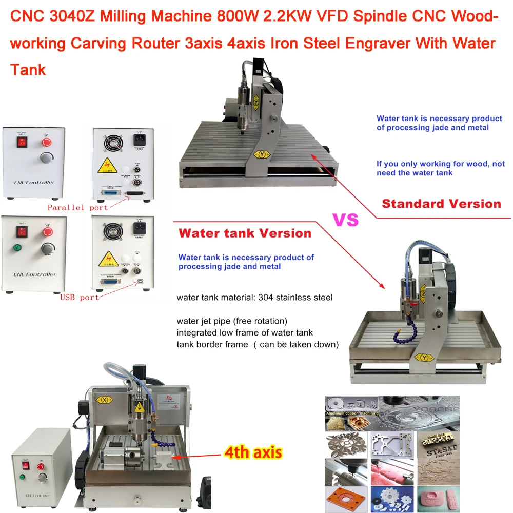 

CNC 3040Z Milling Machine 800W 2.2KW VFD Spindle CNC Woodworking Carving Router 3axis 4axis Iron Steel Engraver With Water Tank