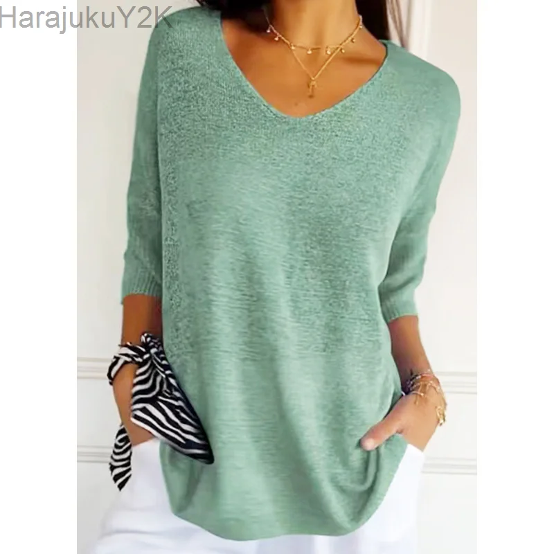 Simple Casual Solid Loose-fitting Sweater Women New Spring V Neck Bottoming T-shirt Autumn Half Sleeve Thin Knitted Top Pullover