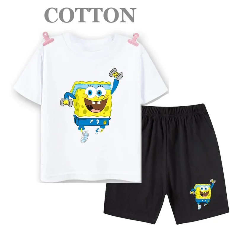 SpongeBob SquarePants children's clothing 2-piece set, short sleeved, cute clothing, cotton T-shirt, cartoon children's top, ani